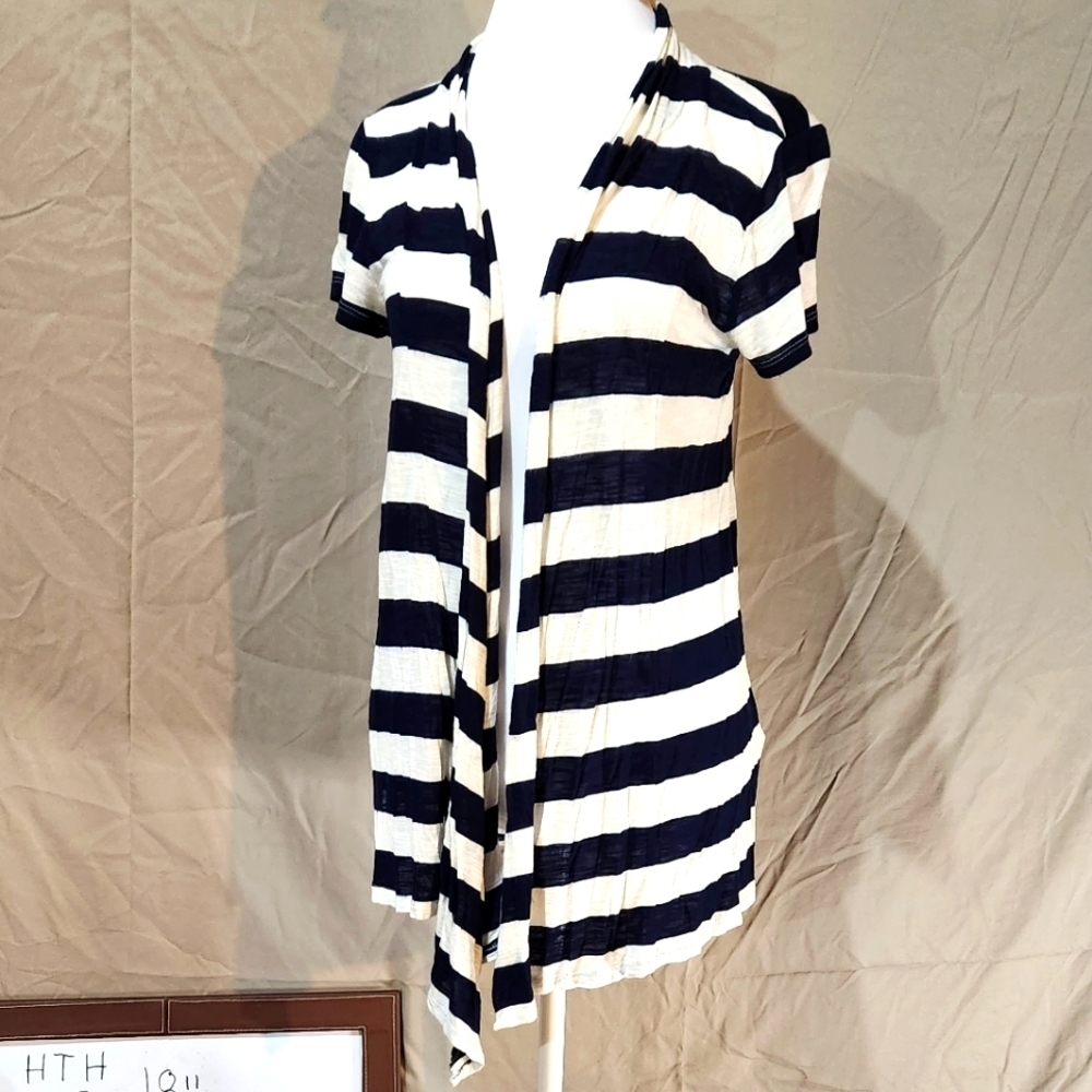 Xxi M navy/white nautical stripe lightweight cotton short sleeve drape cardigan
